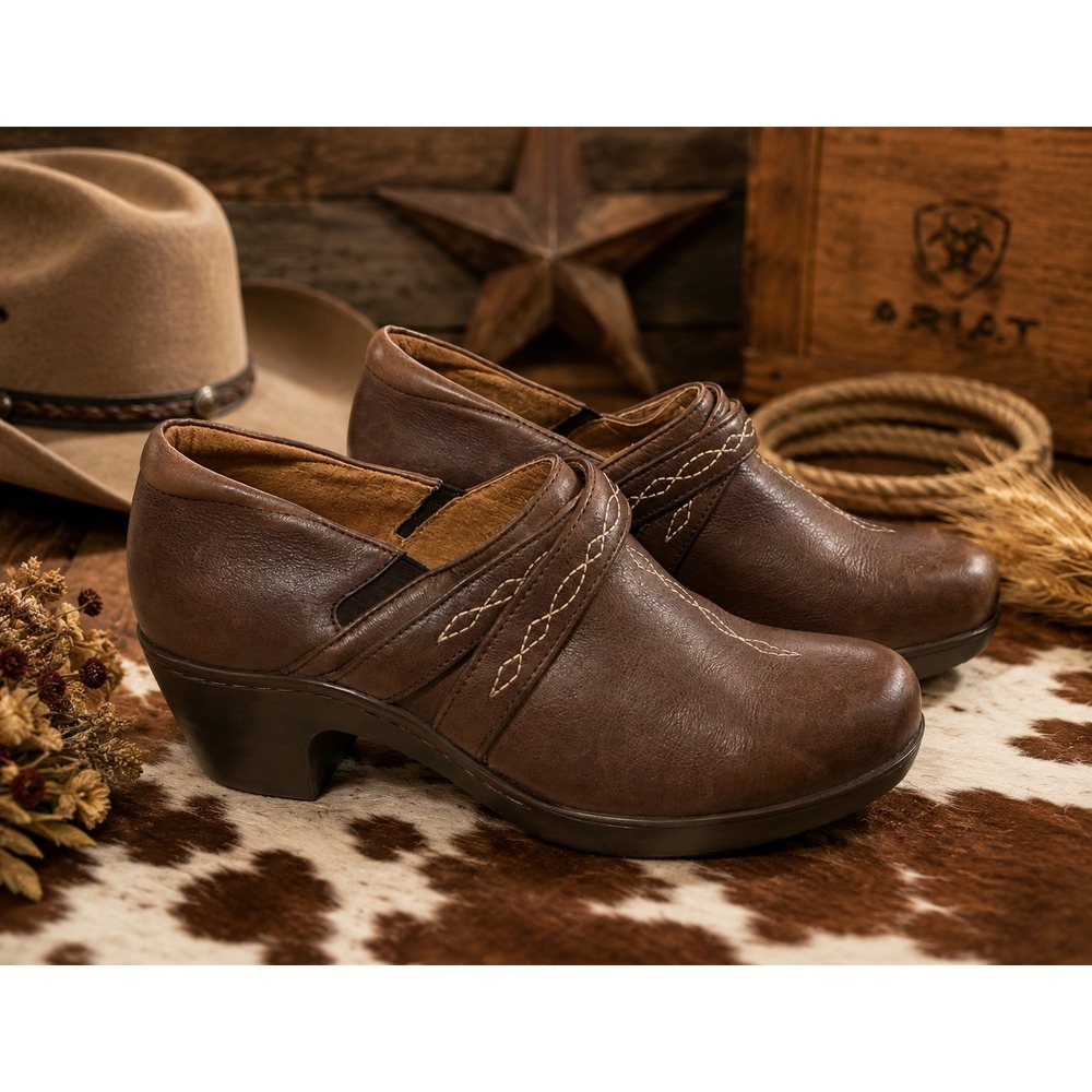 Ariat Women Brown Leather Clog Slip On Western Embroidery Block Heel Shoes 11B